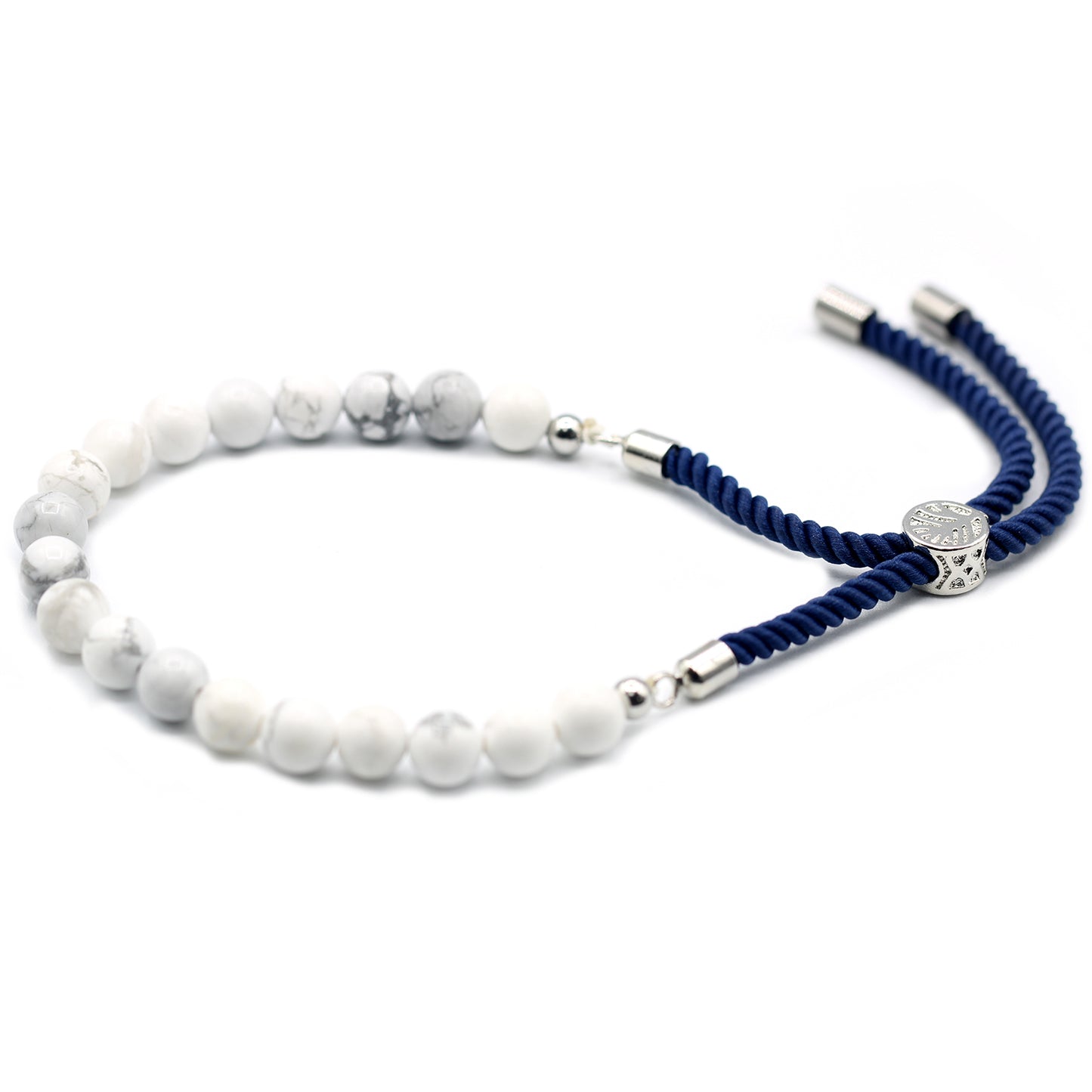 String Gemstone Bracelet – White Howlite | Navy Rope with 925 Silver-Plated Sliding Toggle
