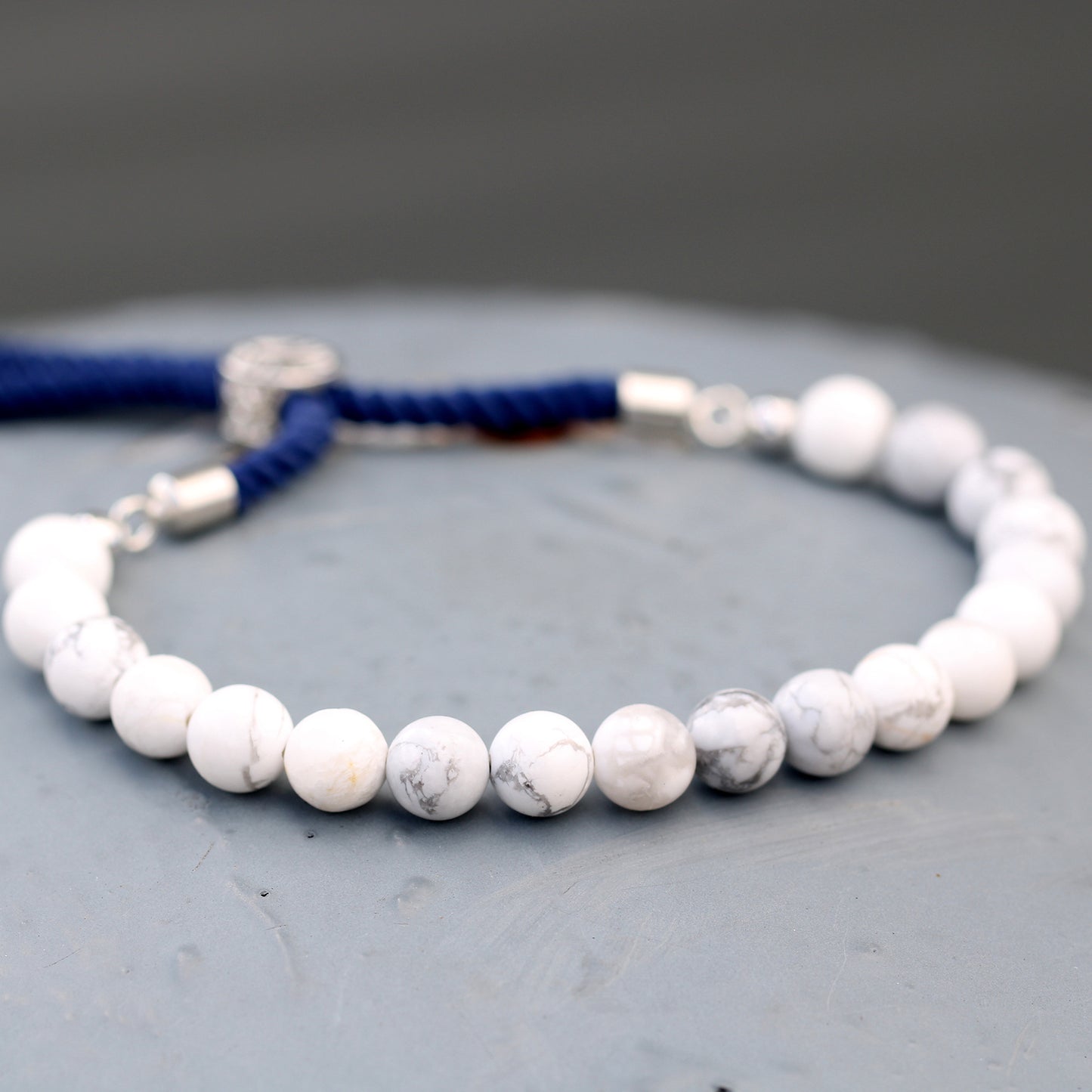 String Gemstone Bracelet – White Howlite | Navy Rope with 925 Silver-Plated Sliding Toggle
