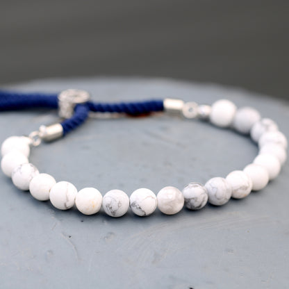 String Gemstone Bracelet – White Howlite | Navy Rope with 925 Silver-Plated Sliding Toggle