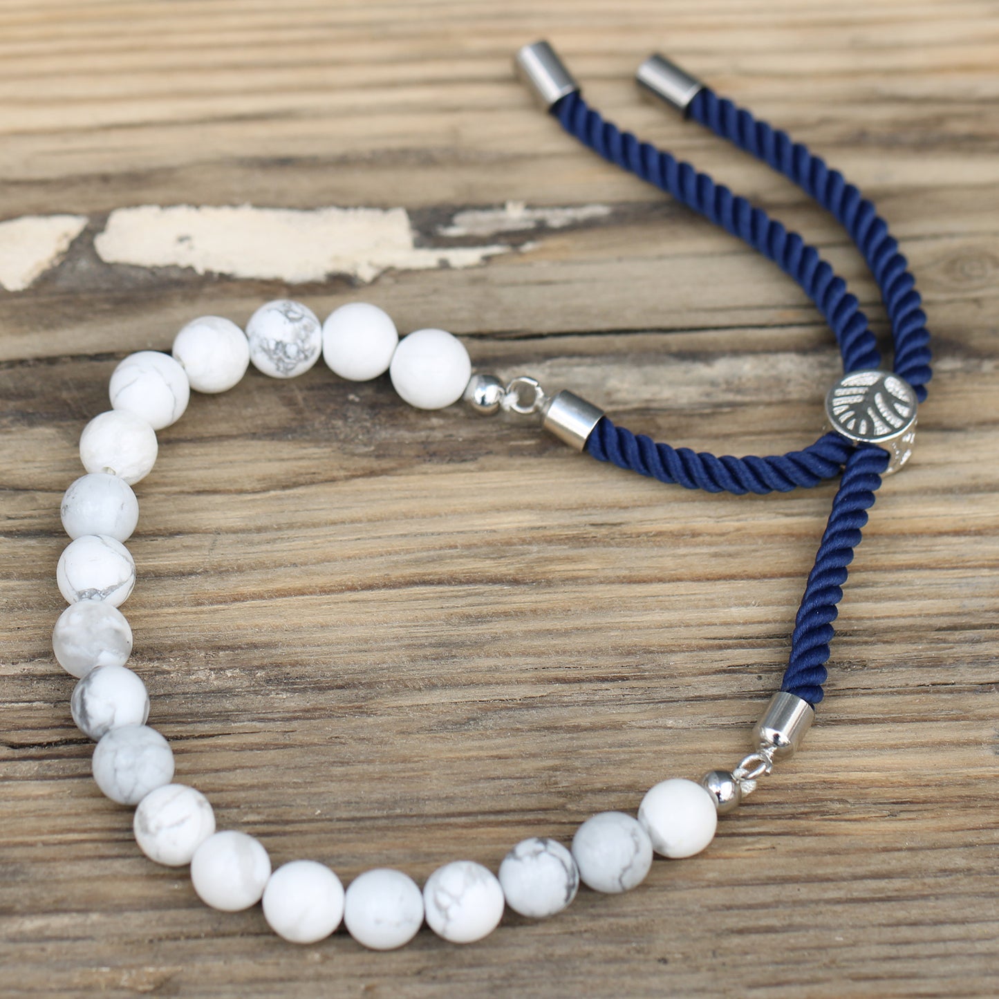 String Gemstone Bracelet – White Howlite | Navy Rope with 925 Silver-Plated Sliding Toggle
