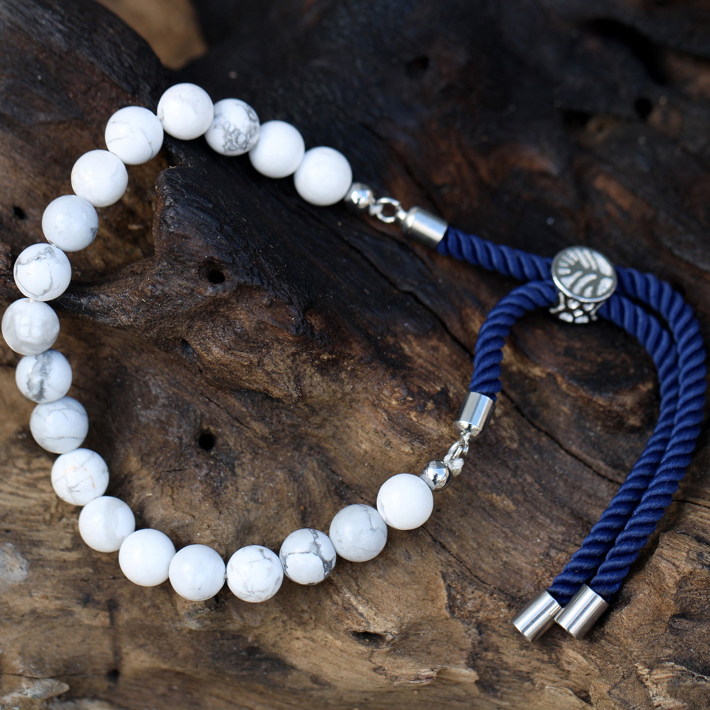String Gemstone Bracelet – White Howlite | Navy Rope with 925 Silver-Plated Sliding Toggle
