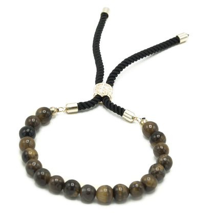 String Gemstone Bracelet – Tiger's Eye | Black Rope with 18K Golden-Plated Sliding Toggle