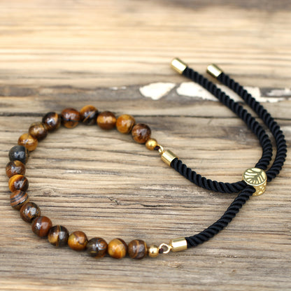 String Gemstone Bracelet – Tiger's Eye | Black Rope with 18K Golden-Plated Sliding Toggle