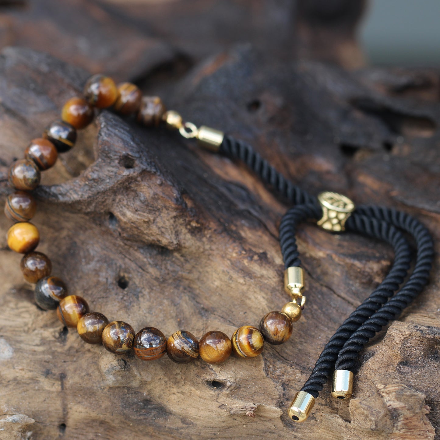 String Gemstone Bracelet – Tiger's Eye | Black Rope with 18K Golden-Plated Sliding Toggle