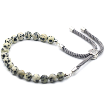 String Gemstone Bracelet – Dalmatian Jasper | Charcoal Rope with 925 Silver-Plated Sliding Toggle
