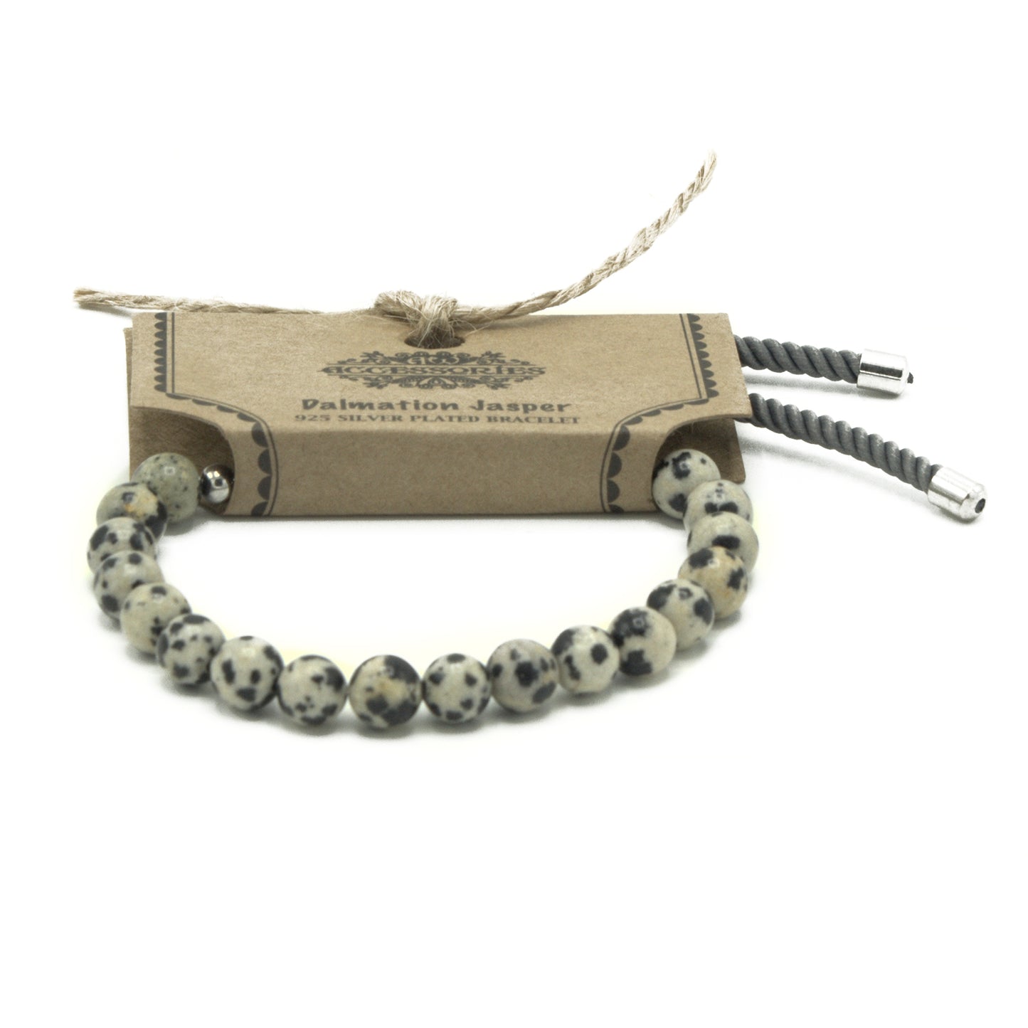 String Gemstone Bracelet – Dalmatian Jasper | Charcoal Rope with 925 Silver-Plated Sliding Toggle