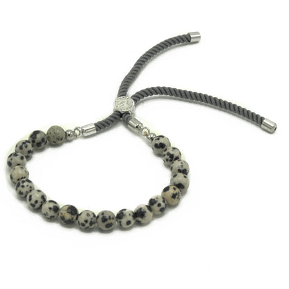 String Gemstone Bracelet – Dalmatian Jasper | Charcoal Rope with 925 Silver-Plated Sliding Toggle