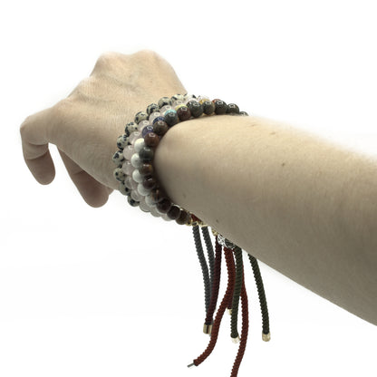 String Gemstone Bracelet – Dalmatian Jasper | Charcoal Rope with 925 Silver-Plated Sliding Toggle