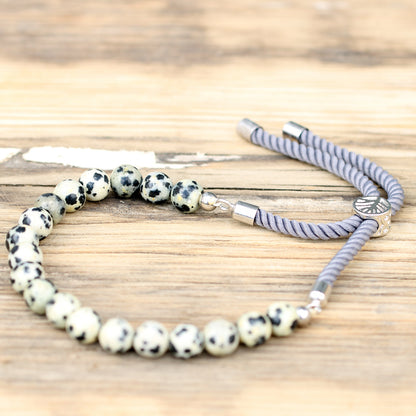 String Gemstone Bracelet – Dalmatian Jasper | Charcoal Rope with 925 Silver-Plated Sliding Toggle