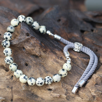 String Gemstone Bracelet – Dalmatian Jasper | Charcoal Rope with 925 Silver-Plated Sliding Toggle