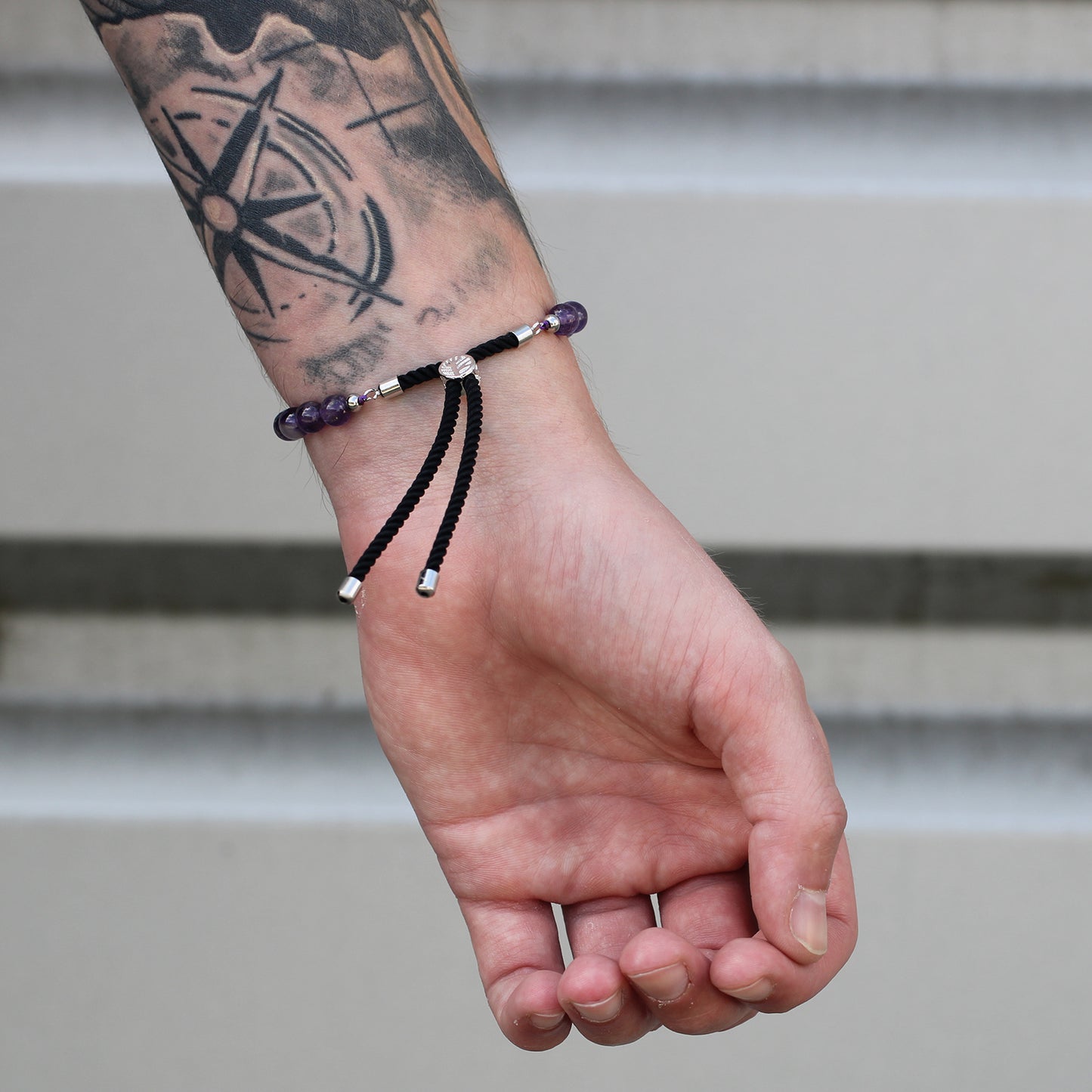 String Gemstone Bracelet – Amethyst | Black Rope with 925 Silver-Plated Sliding Toggle