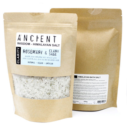 Clarity Himalayan Bath Salt Blend – 500g | Rosemary & Clary Sage Essential Oils with Olive Oil & Dried Rosemary Leaves