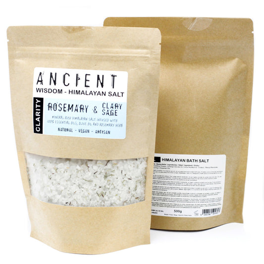 Clarity Himalayan Bath Salt Blend – 500g | Rosemary & Clary Sage Essential Oils with Olive Oil & Dried Rosemary Leaves