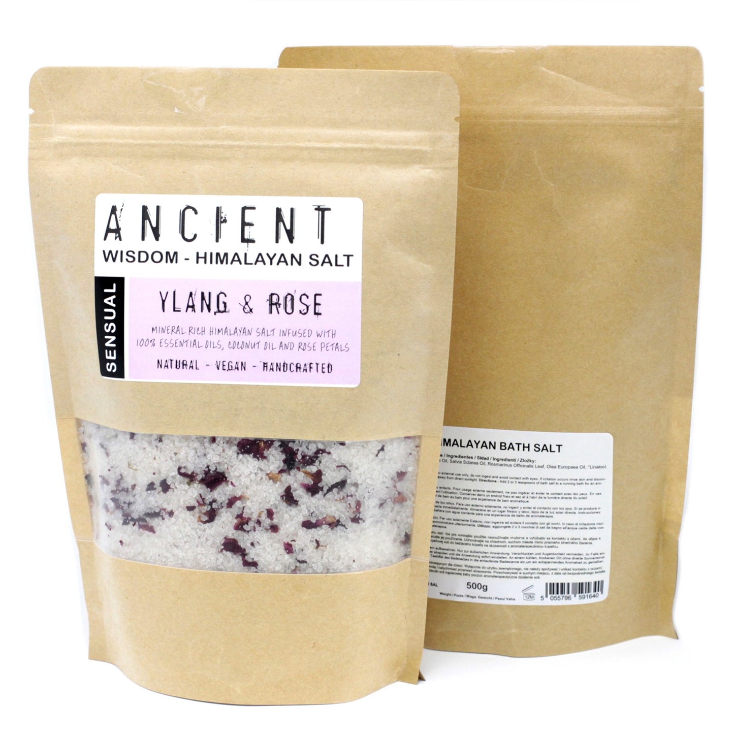 Sensual Himalayan Bath Salt Blend – 500g | Ylang Ylang Essential Oil with Coconut Oil & Dried Rose Petals