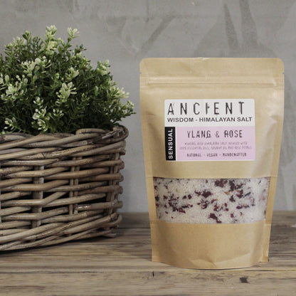 Sensual Himalayan Bath Salt Blend – 500g | Ylang Ylang Essential Oil with Coconut Oil & Dried Rose Petals