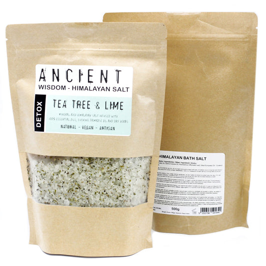 Detox Himalayan Bath Salt Blend – 500g | Tea Tree & Lime Essential Oils with Evening Primrose Oil & Dried Herbal Infusion