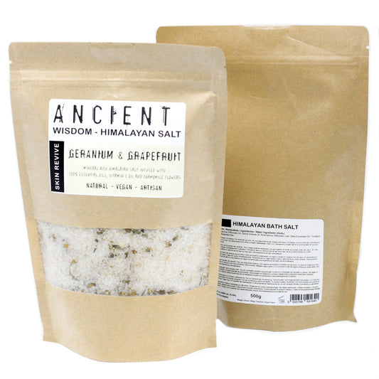 Skin Revive Himalayan Bath Salt Blend – 500g | Geranium & Grapefruit Essential Oils with Vitamin E Oil & Dried Chamomile Flowers