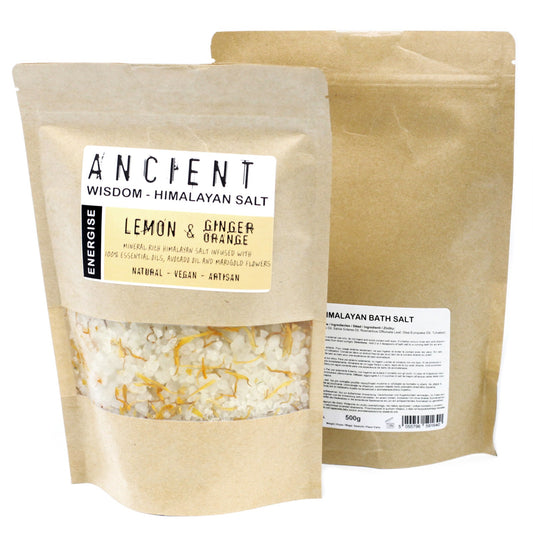 Energise Himalayan Bath Salt Blend – 500g | Lemon, Ginger & Orange Essential Oils with Avocado Oil & Dried Marigold Flowers