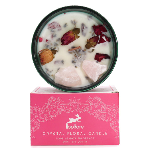 The Lovers Hop Hare Crystal Floral Candle – 330g | Rose Meadow Fragrance with Rose Quartz