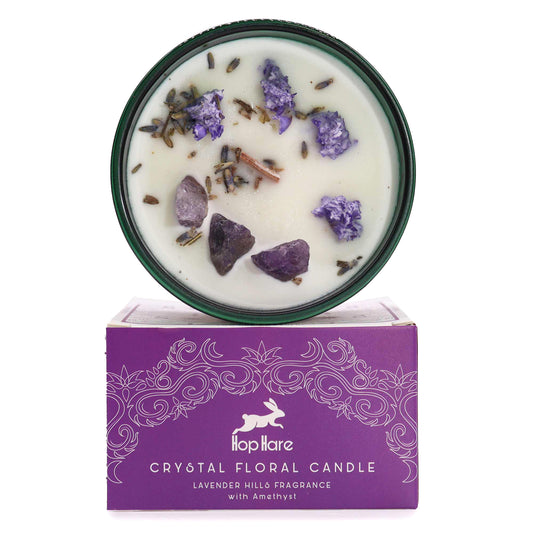 The Moon Hop Hare Crystal Floral Candle – 330g | Lavender Hills Fragrance with Amethyst