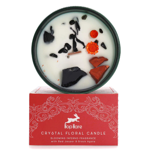 The Devil Hop Hare Crystal Floral Candle – 330g | Blooming Inferno Fragrance with Red Jasper & Black Agate