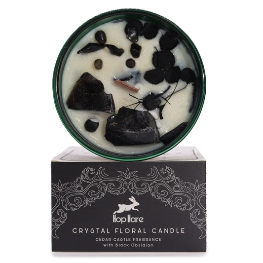 The Knight of Swords Hop Hare Crystal Floral Candle – 330g | Cedar Castle Fragrance with Black Obsidian