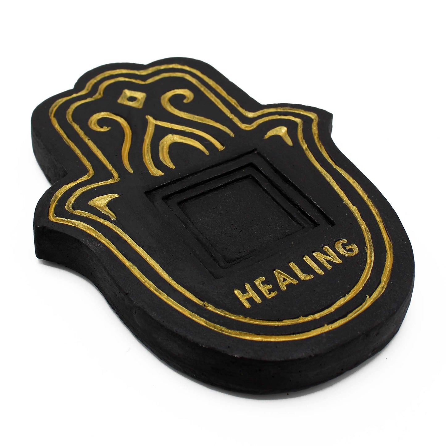 Healing Incense Powder Plate – Black & Gold Lava Stone | Ritual Burner for Power & Transformation