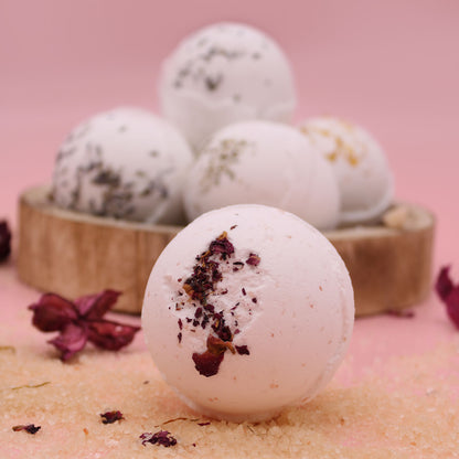 Sensual Himalayan Salt Bath Bomb – 180g | Ylang Ylang Essential Oil with Coconut Oil & Dried Rose Petals