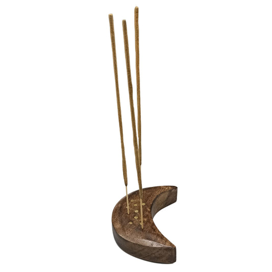 Crescent Moon Zodiac Constellation Incense Holder – Mango Wood with Engraved Brass Inlay | 12 Astrological Signs