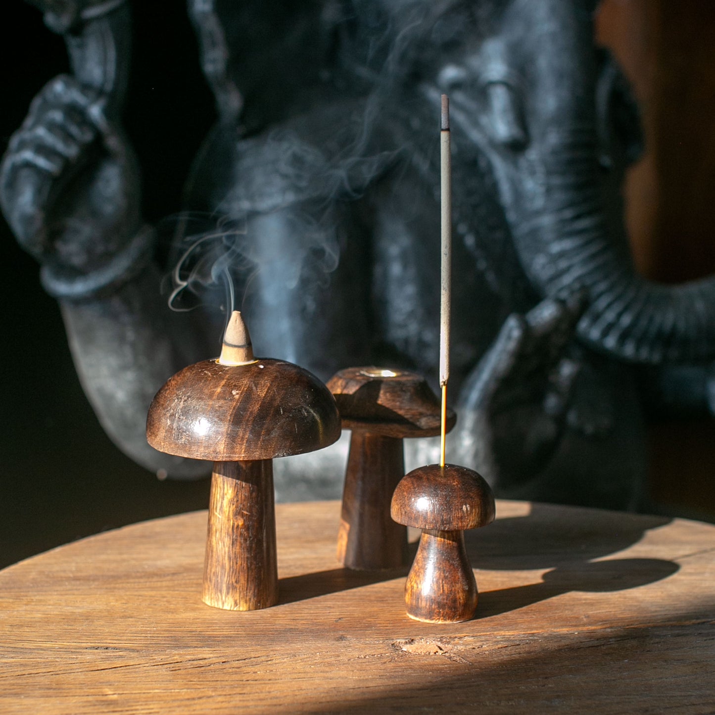 Round Cap Mushroom Incense Holders – Set of 3 | Handcrafted Mango Wood