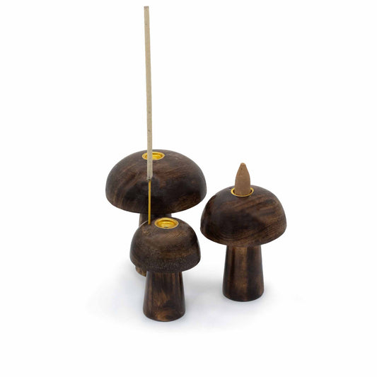 Round Cap Mushroom Incense Holders – Set of 3 | Handcrafted Mango Wood