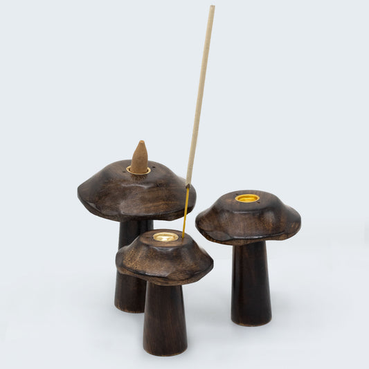 Flat Cap Mushroom Incense Holders – Set of 3 | Handcrafted Mango Wood