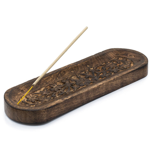 Mango Wood Incense Holder – Floral | Indian Ash Catcher & Botanical Ritual Tray
