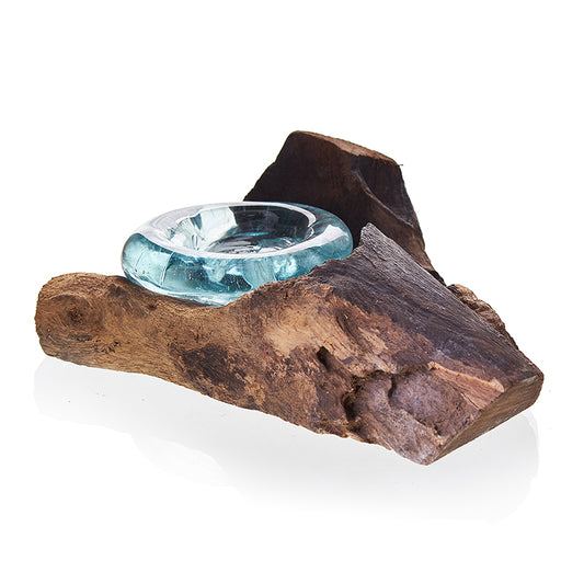 Molten Glass on Gamal Wood Candle Holder – Single Holder | Handmade in Bali with Recycled Glass