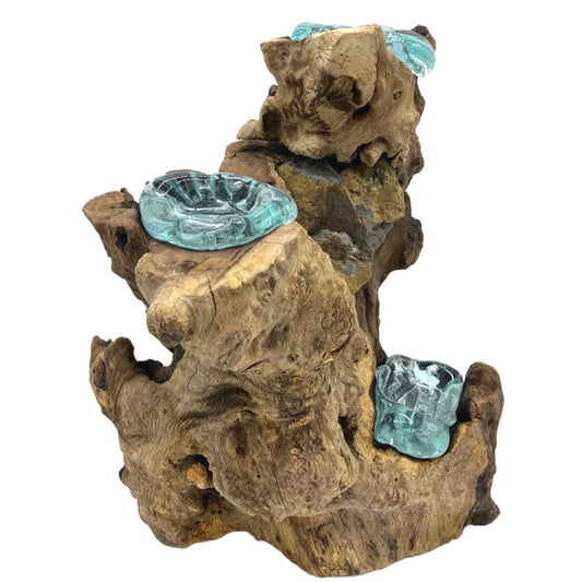 Molten Glass on Gamal Wood Candle Holder – Triple Holder | Handmade in Bali with Recycled Glass
