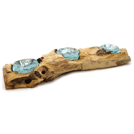 Molten Glass on Gamal Wood Candle Holder – Flat Triple Holder | Handmade in Bali with Recycled Glass