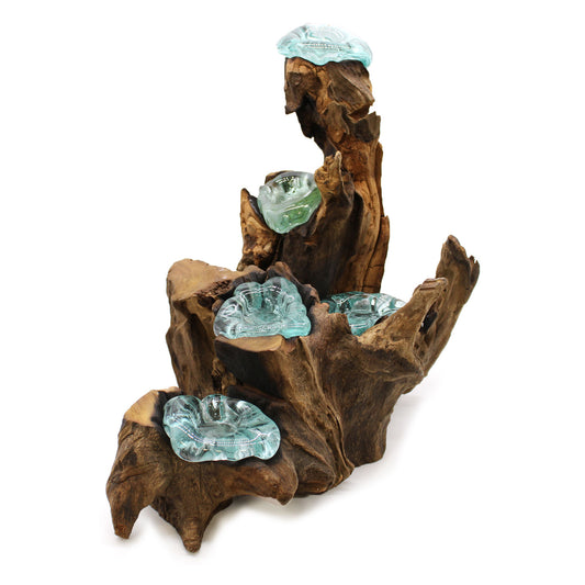 Molten Glass on Gamal Wood Candle Holder – Five Holder | Handmade in Bali with Recycled Glass