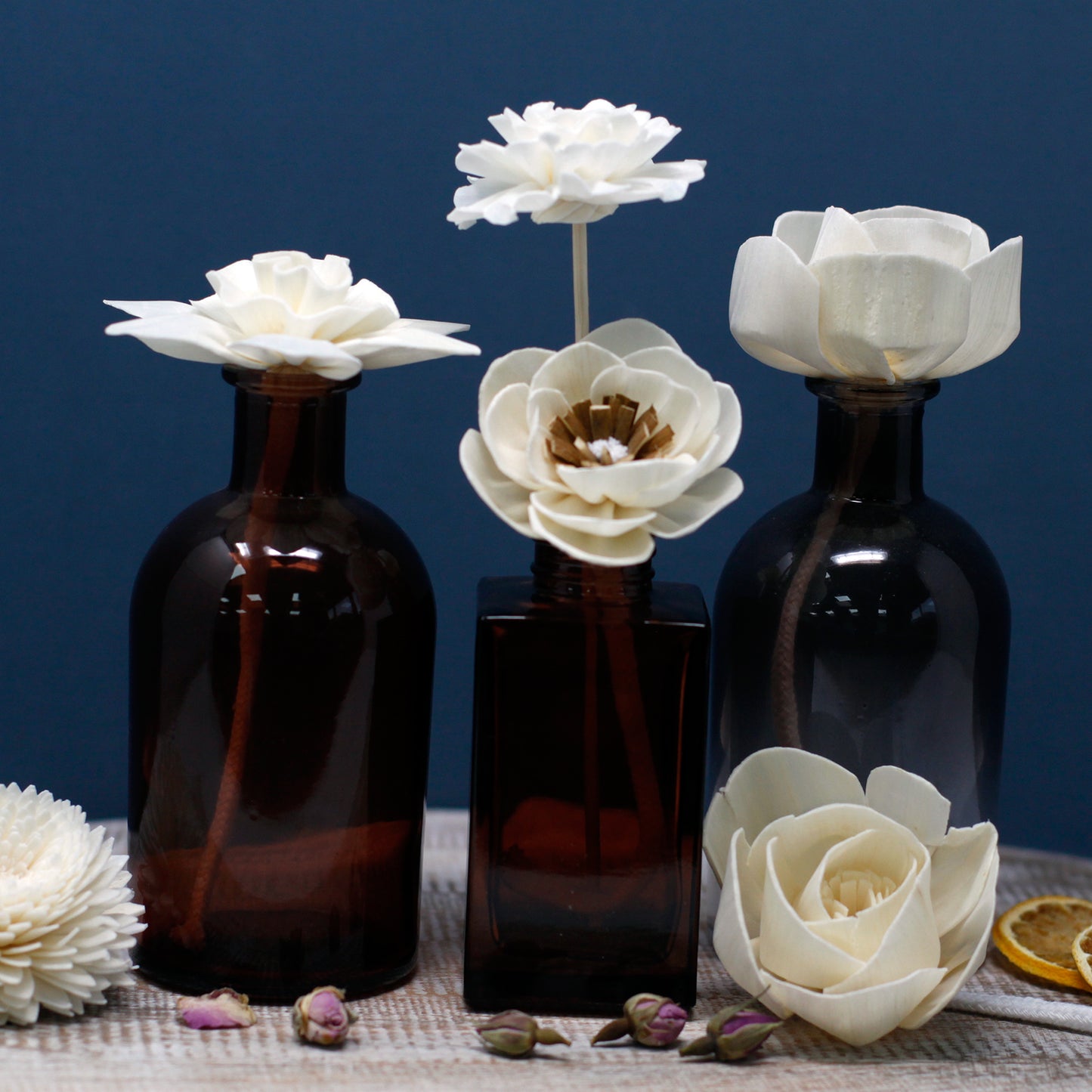 Medium Carnation Diffuser Flower on String – Set of 12 | Natural Sola Wood & Cotton