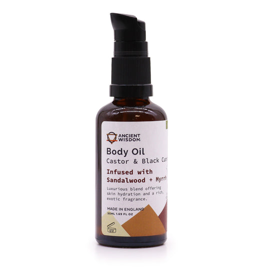 Organic Castor & Black Cumin Seed Body Oil – Sandalwood Amyris & Myrrh 50ml | Infused with Pure Essential Oils