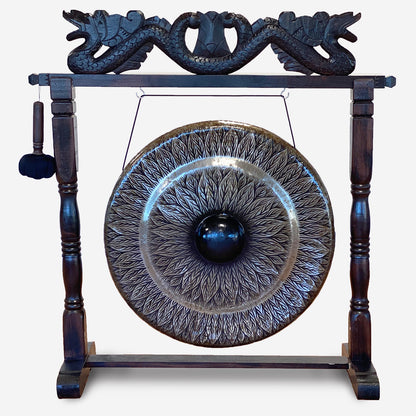 Pattern Black Healing Gong with Antique Stand – Large (80cm) | Handmade, Resonant & Spiritual Décor