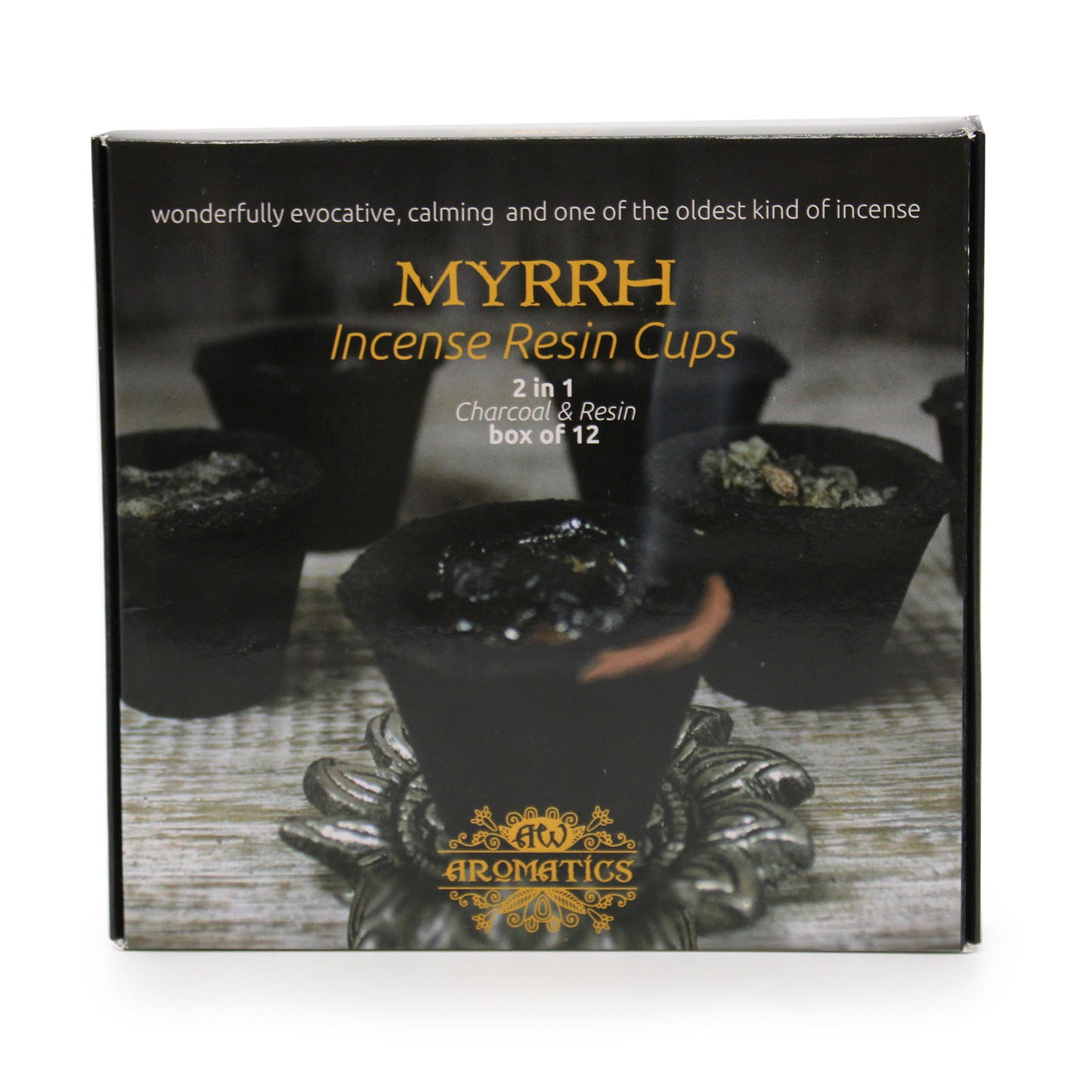 Ancient Wisdom Aromatics Resin Cups – Myrrh 12-Pack | Ritual Incense with Holder