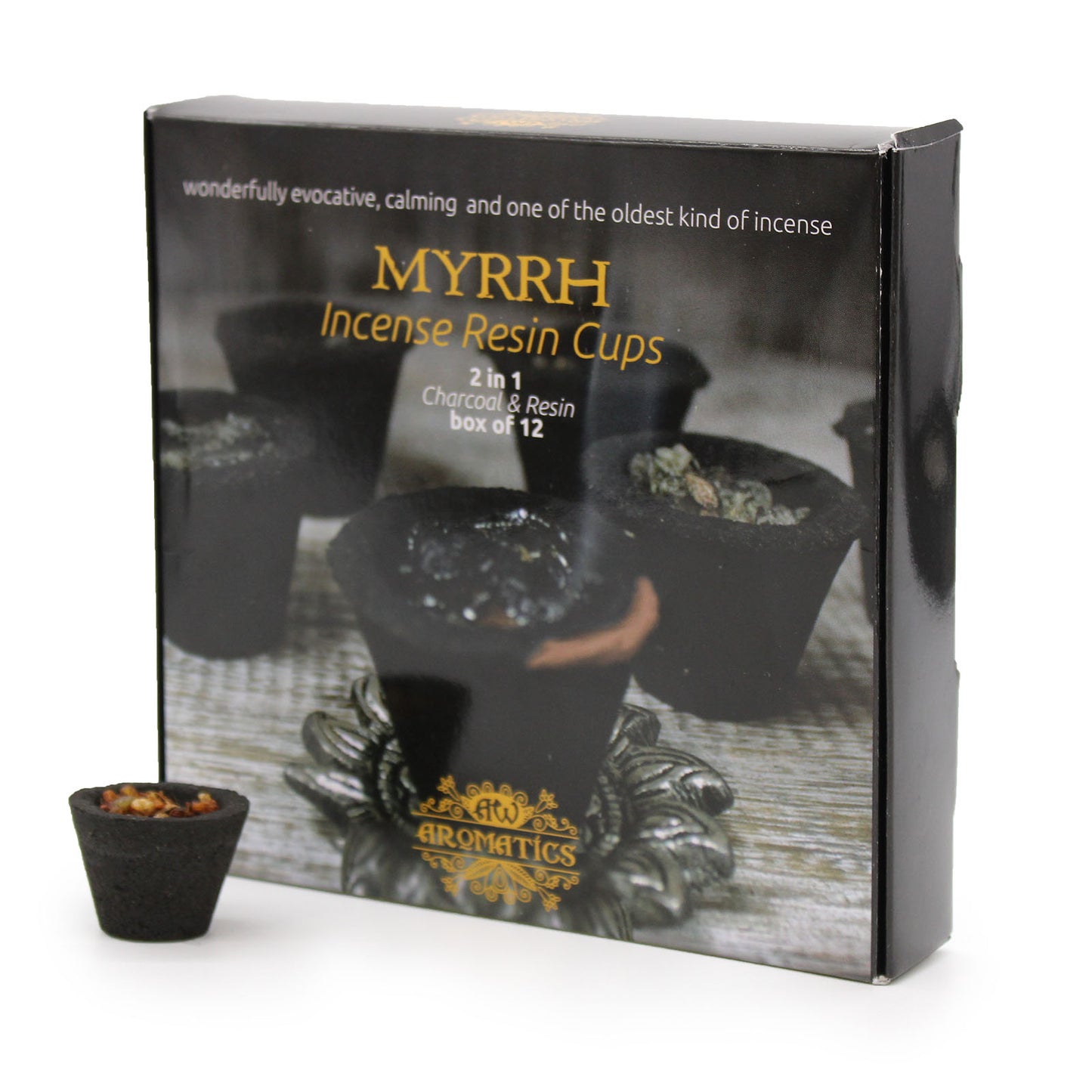 Ancient Wisdom Aromatics Resin Cups – Myrrh 12-Pack | Ritual Incense with Holder