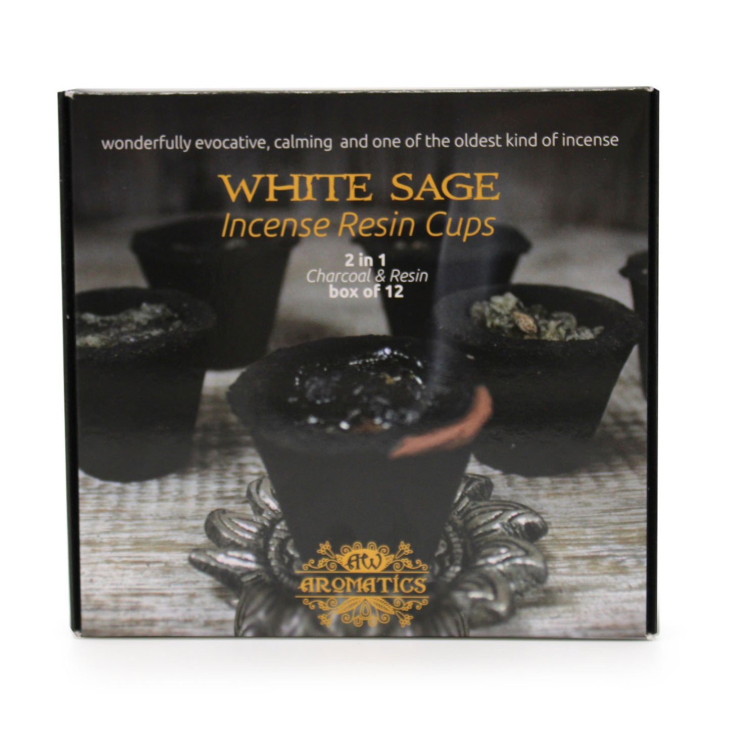 Ancient Wisdom Aromatics Resin Cups – White Sage 12-Pack | Ritual Incense with Holder