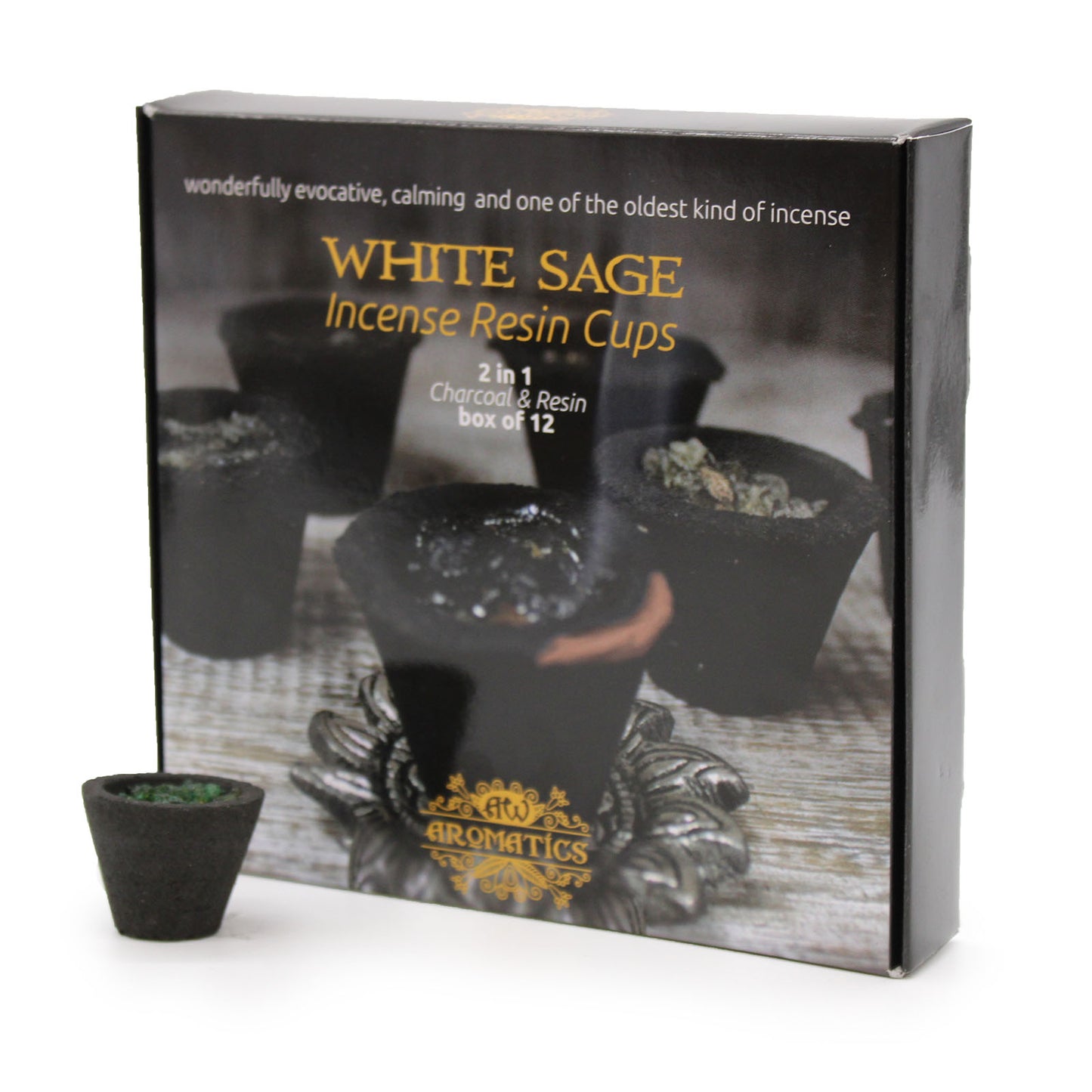 Ancient Wisdom Aromatics Resin Cups – White Sage 12-Pack | Ritual Incense with Holder