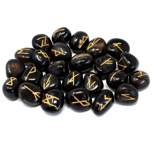 Black Onyx Rune Stone Set – 25 Pieces | Engraved Crystals for Divination & Insight