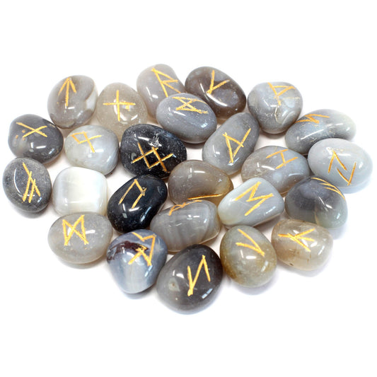 Grey Agate Rune Stone Set – 25 Pieces | Engraved Crystals for Divination & Insight