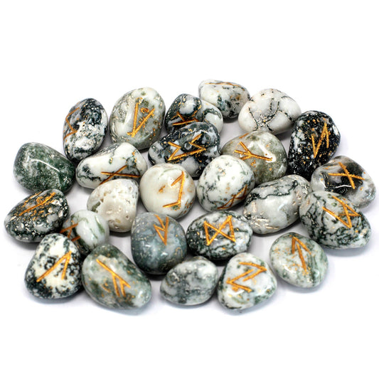 Tree Agate Rune Stone Set – 25 Pieces | Engraved Crystals for Divination & Insight