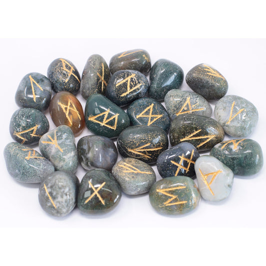 Moss Agate Rune Stone Set – 25 Pieces | Engraved Crystals for Divination & Insight