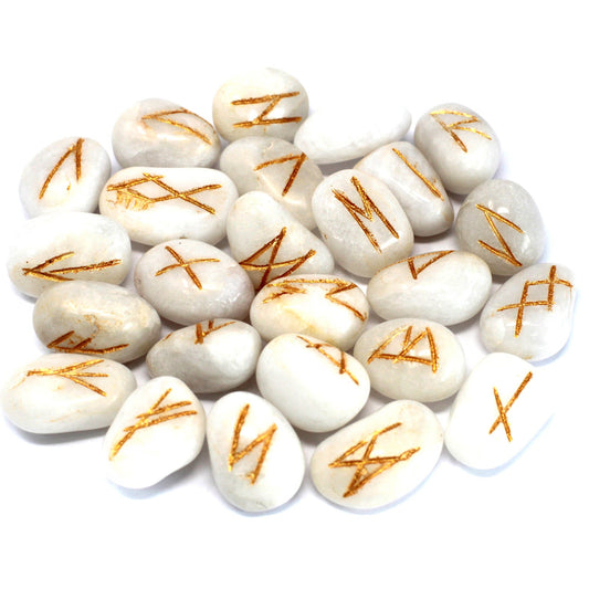 White Agate Rune Stone Set – 25 Pieces | Engraved Crystals for Divination & Insight