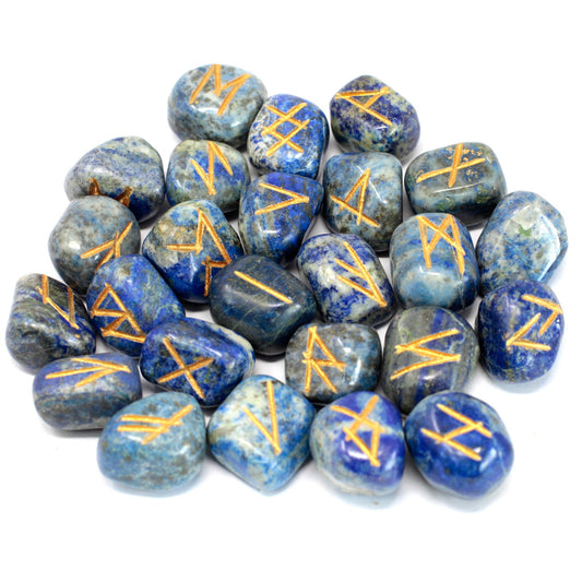 Lapis Lazuli Rune Stone Set – 25 Pieces | Engraved Crystals for Divination & Insight